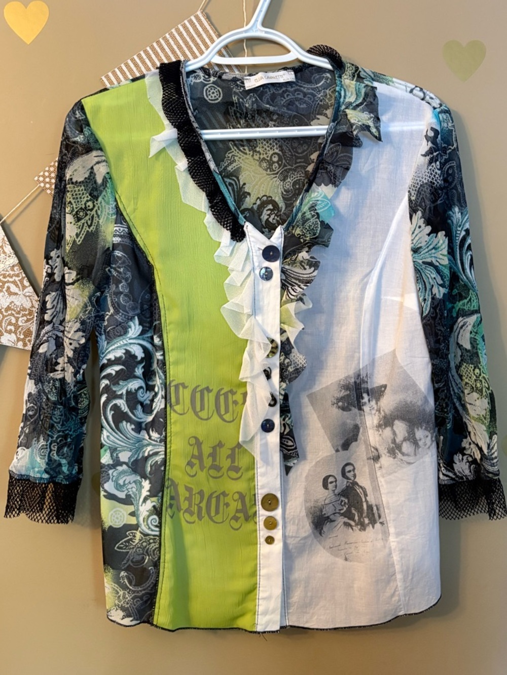 Elisa Cavaletti Mixed Media Sheer Paisley & Ruffle Top - Rare Art Piece - Picture 2 of 14